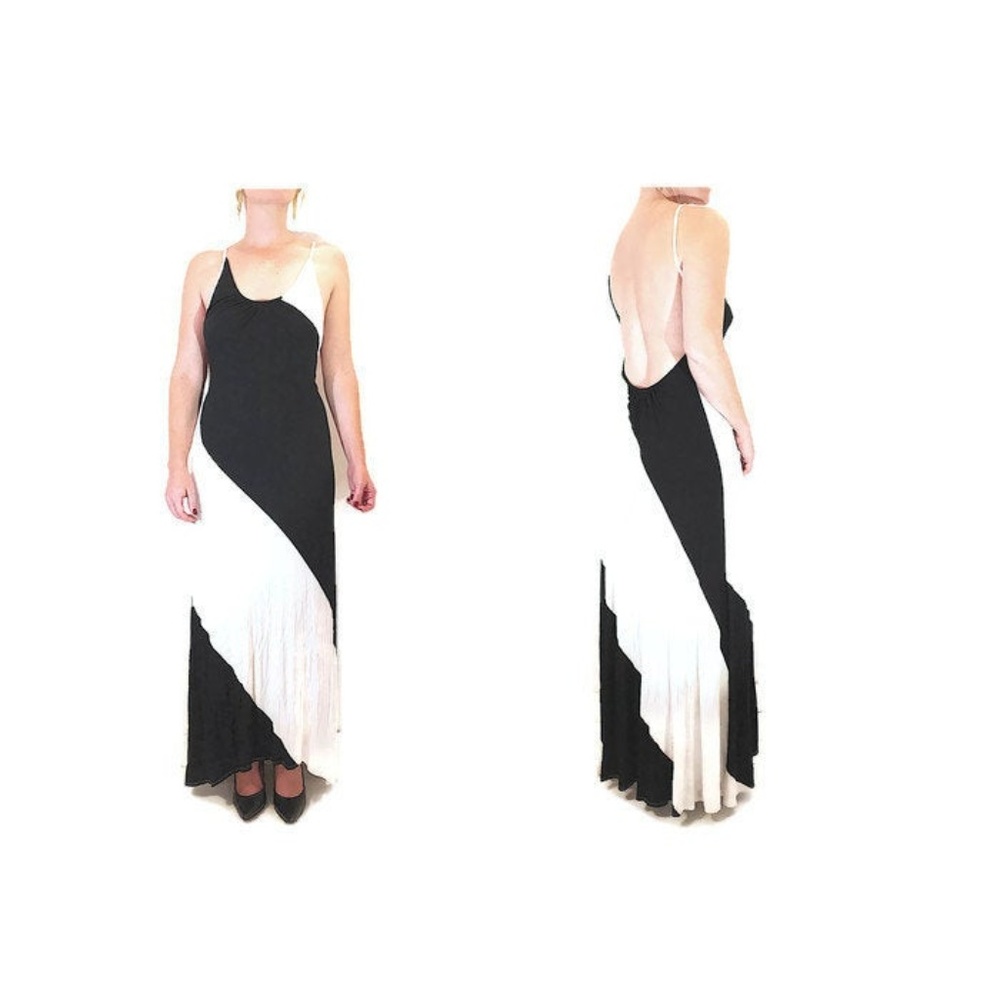 Backless Stretch Jersey B&W Tuxedo Maxi Dress